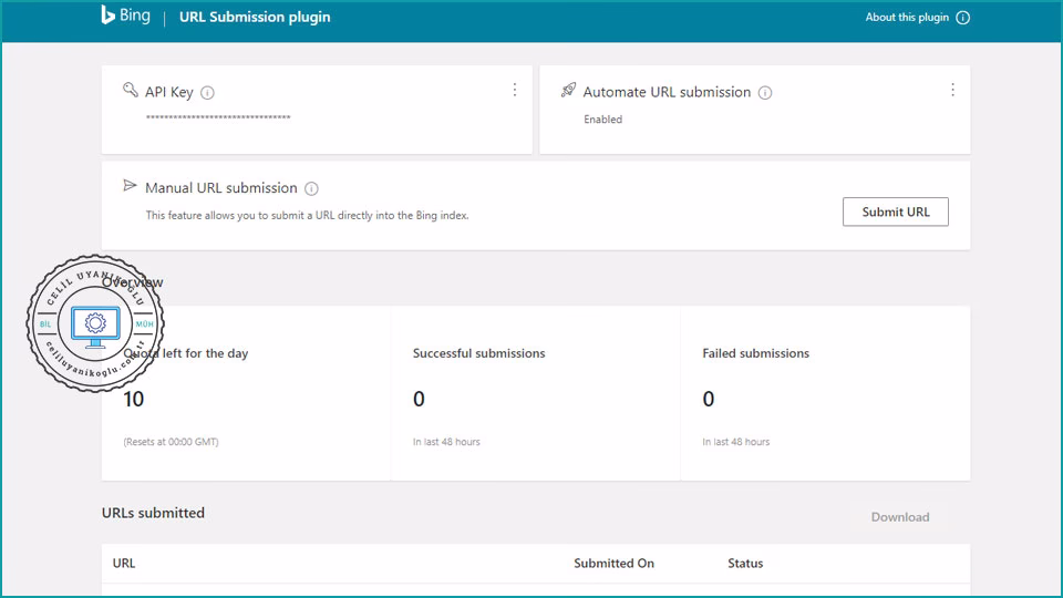 Bing URL Submissions Eklenti arayüzü