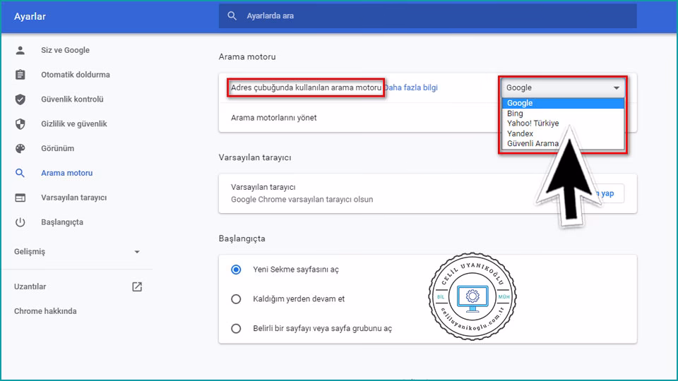 chrome arama motoru değiştirme