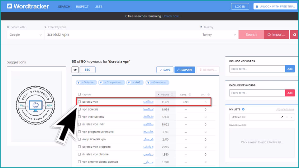 Wordtracker aranma hacmi sonuç sayfası