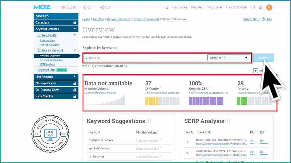MOZ sorgu sonuç sayfası