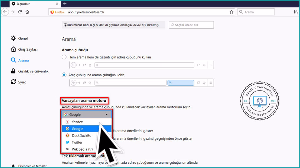 firefox varsayılan arama motoru ayarlama