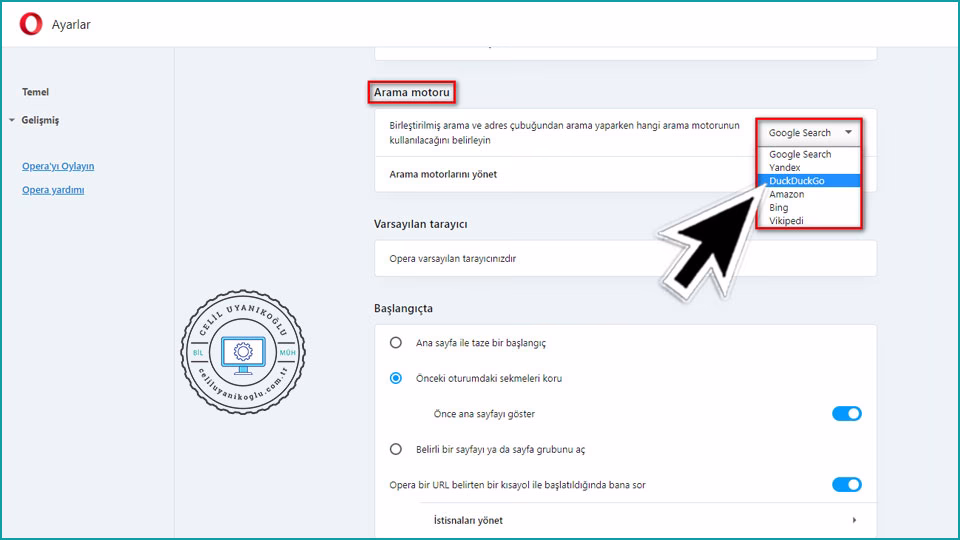 opera varsayılan arama motoru değiştirme