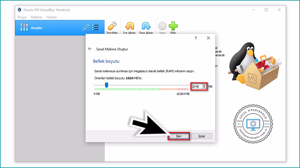 virtualbox bellek atama