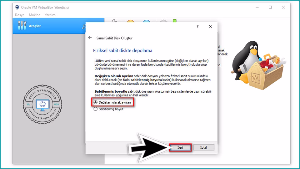 sanal makine fiziksel disk ayarı