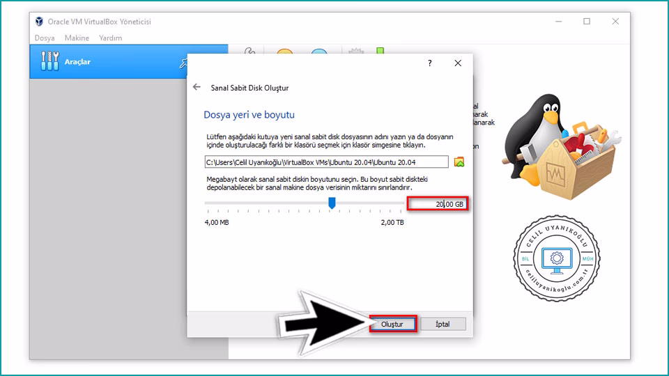 virtualbox sabit disk boyutunu ayarlama