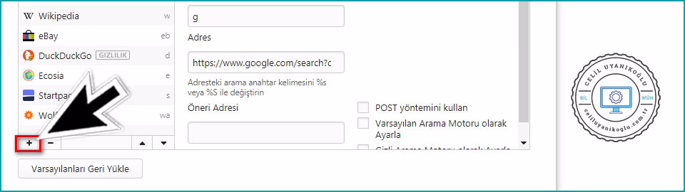 vivaldi varsayılan arama motoru ekleme