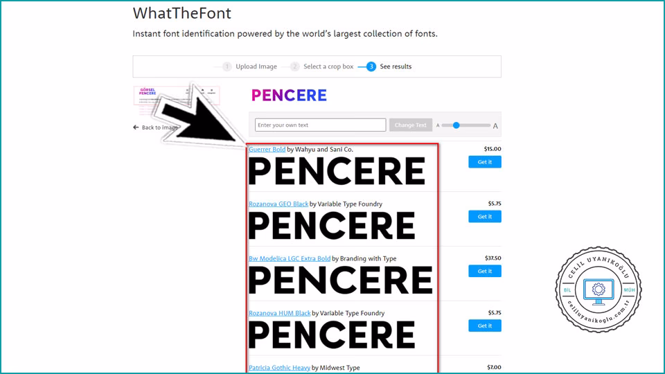 WhatTheFont sonuç ekranı