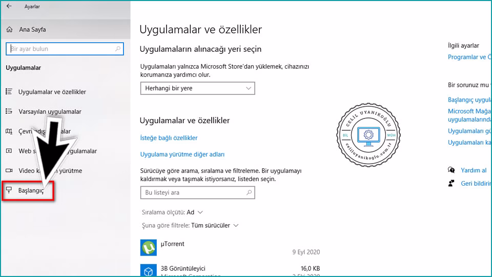 windows uygulamalar başlangıç