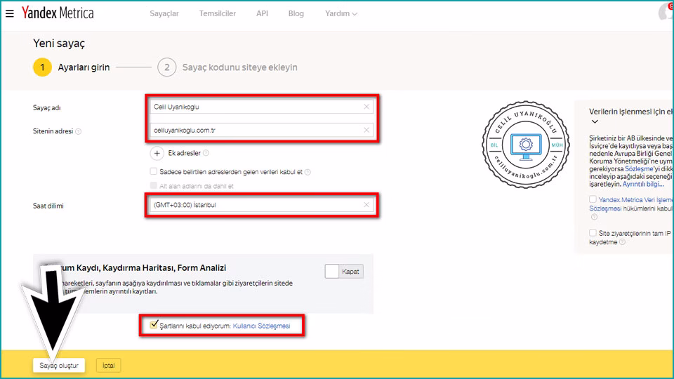 Yandex Metrica kayıt