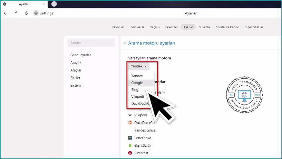 yandex varsayılan arama motoru