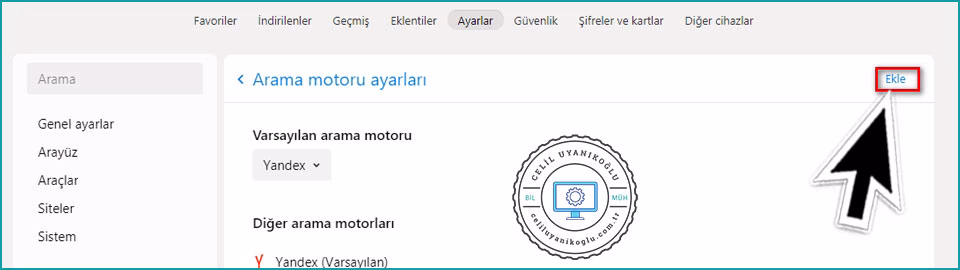 yandex özel arama motoru ekleme