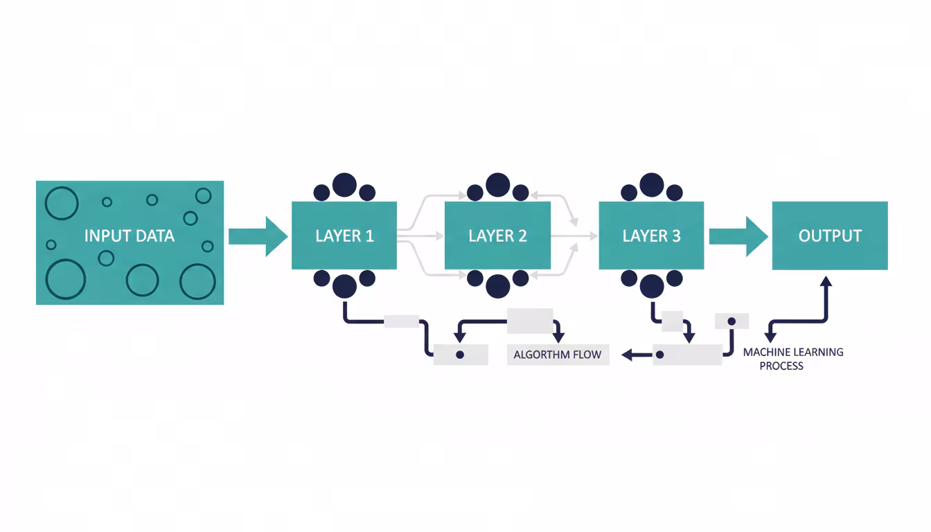 Yapay zeka sistemlerinin nöral ağ yapısını ve veri işleme akışını gösteren görsel.