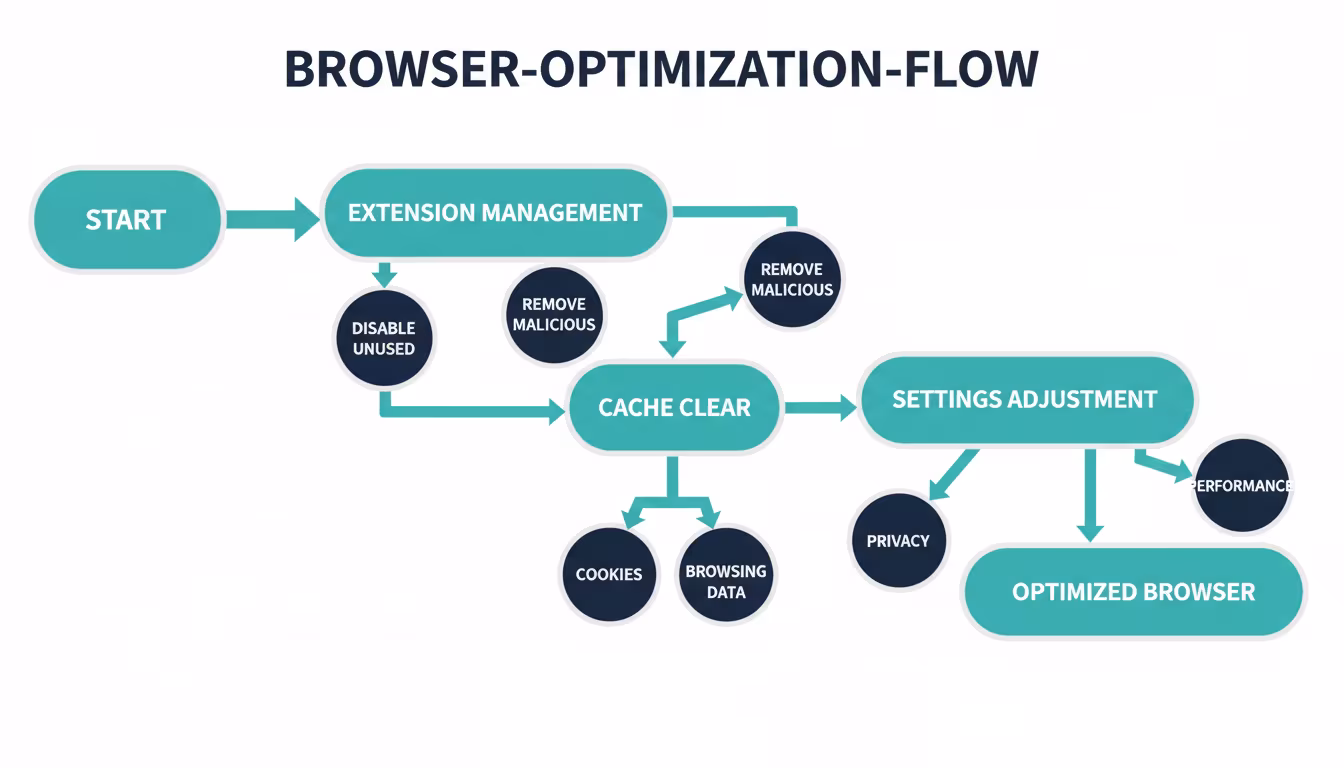Tarayıcı optimizasyonu ve uzantı yönetimi süreçlerini gösteren bir akış diyagramı.