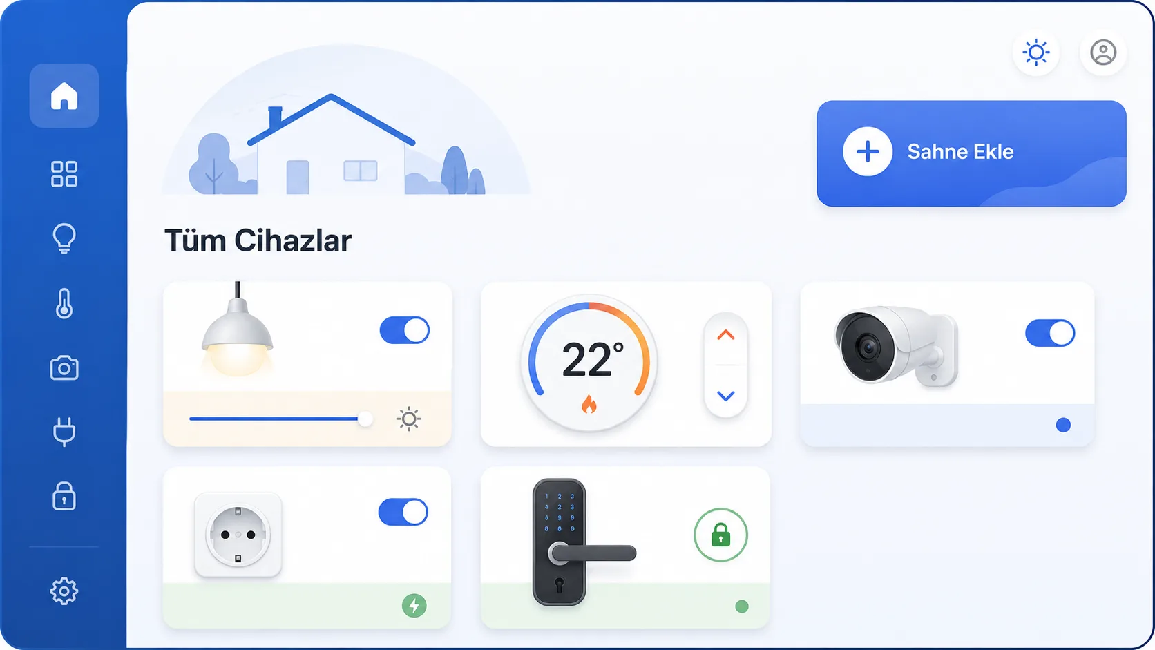 Farklı marka akıllı ev cihazlarını tek ekranda toplayan merkezi uygulama arayüzü mock-up görseli