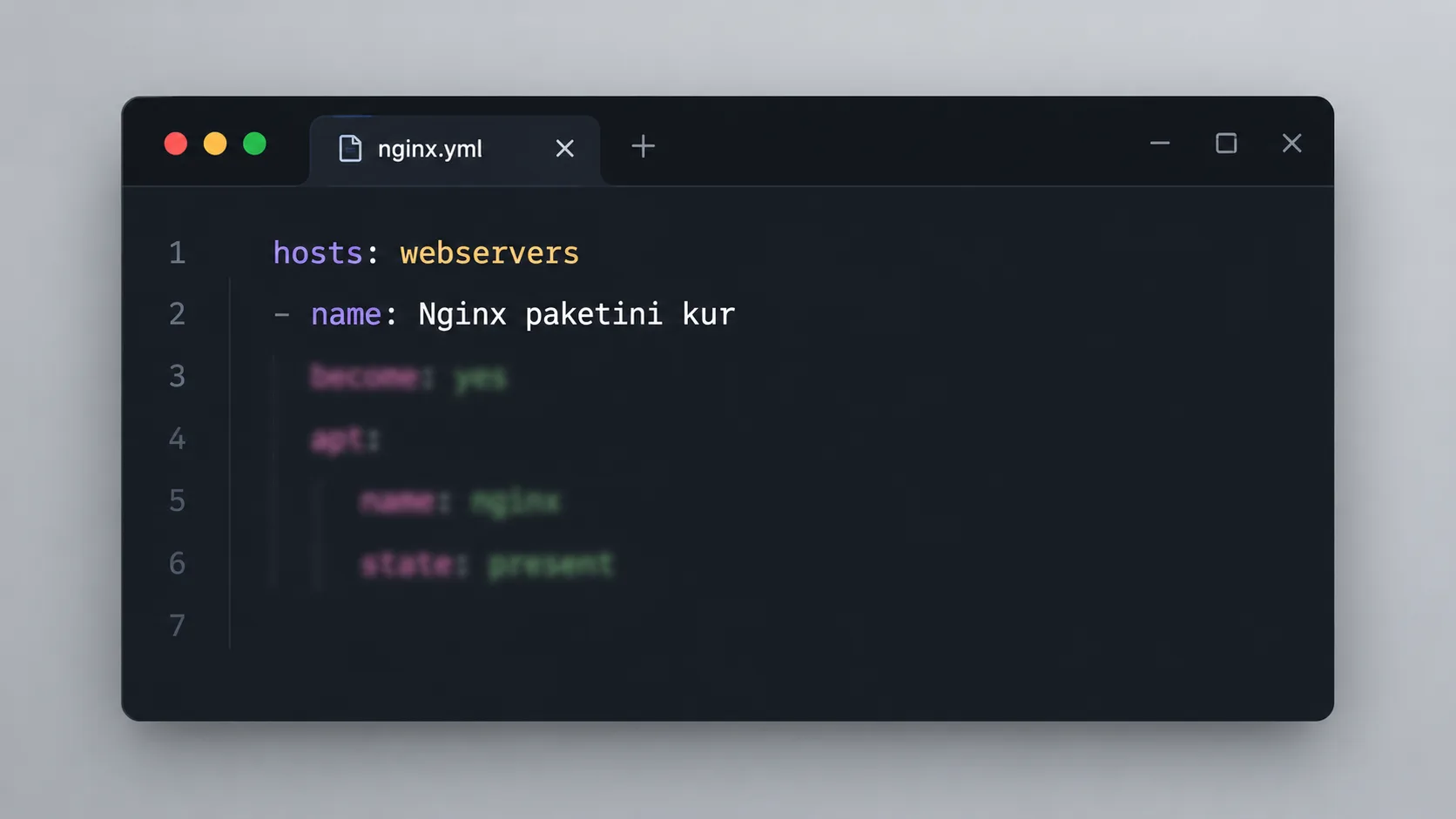 Bir Ansible playbook YAML dosyasının kod editöründe görüntülendiği stilize pencere