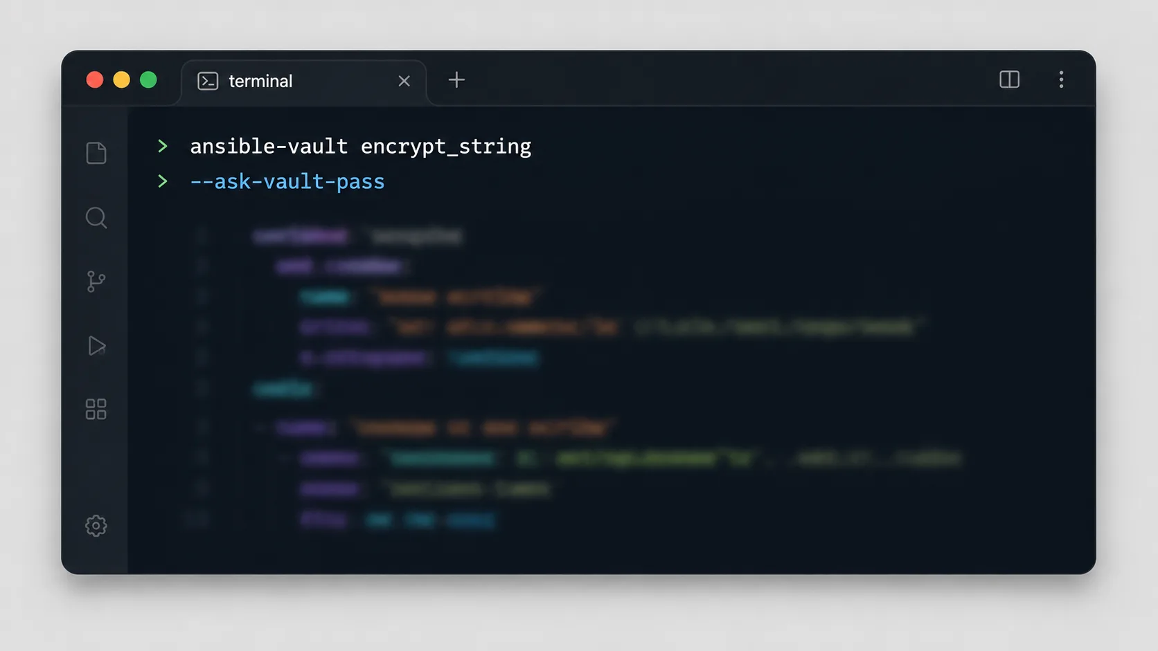 Terminalde ansible-vault encrypt_string komutunun çalıştırıldığı stilize görünüm