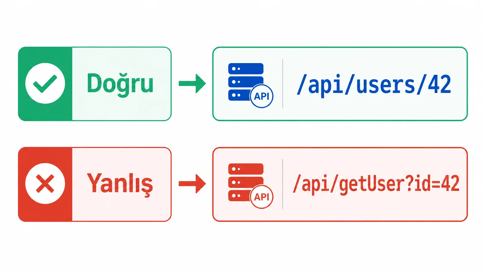 REST API kaynak adreslendirme mantığını gösteren, doğru ve yanlış URL örneklerini karşılaştıran şema