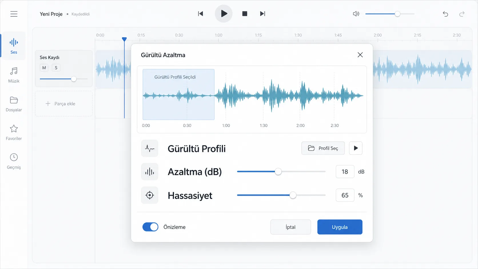 Audacity'de gürültü azaltma (Noise Reduction) panelinin adım adım görünümü