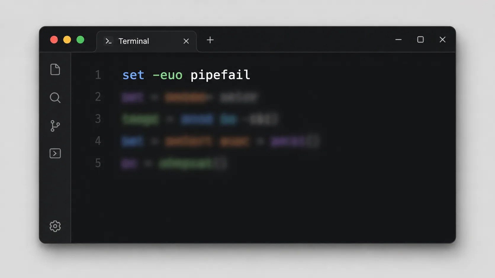 Bash betiğinde hata kontrolü ve set -e kullanımını gösteren terminal penceresi