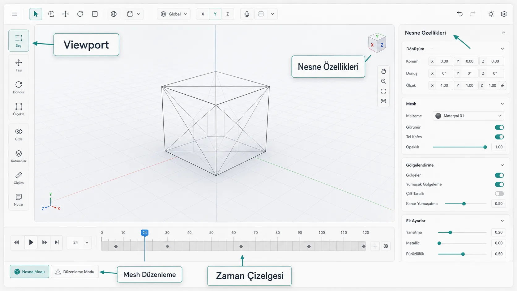 Blender arayüzünde viewport, nesne özellikleri paneli ve zaman çizelgesinin işaretlenmiş hali