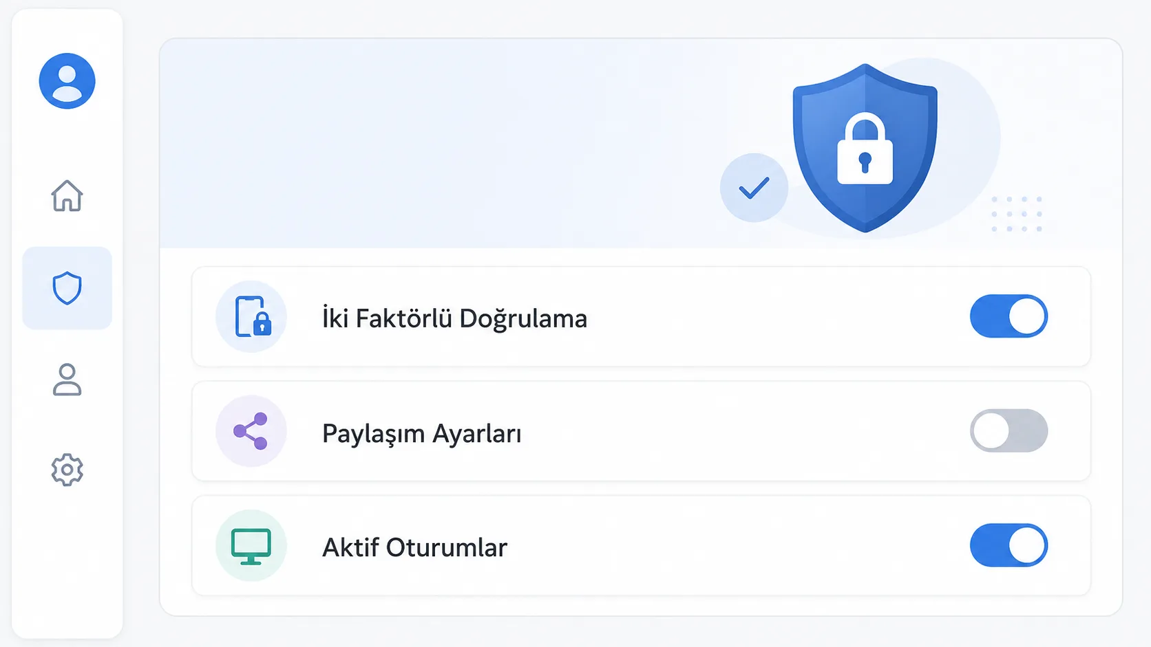 İki faktörlü doğrulama ve paylaşım ayarlarını gösteren stilize hesap güvenliği paneli mockup'ı