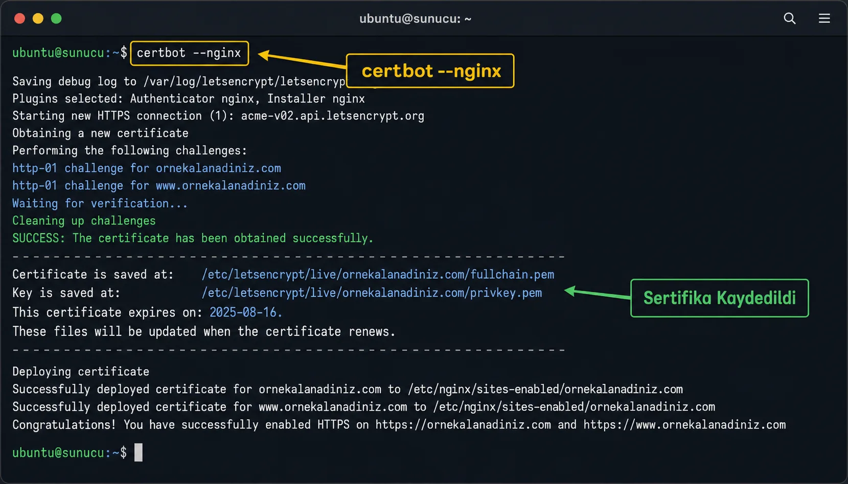 Terminalde ilk SSL sertifikasını oluşturan certbot komutunun çalıştırılma anı