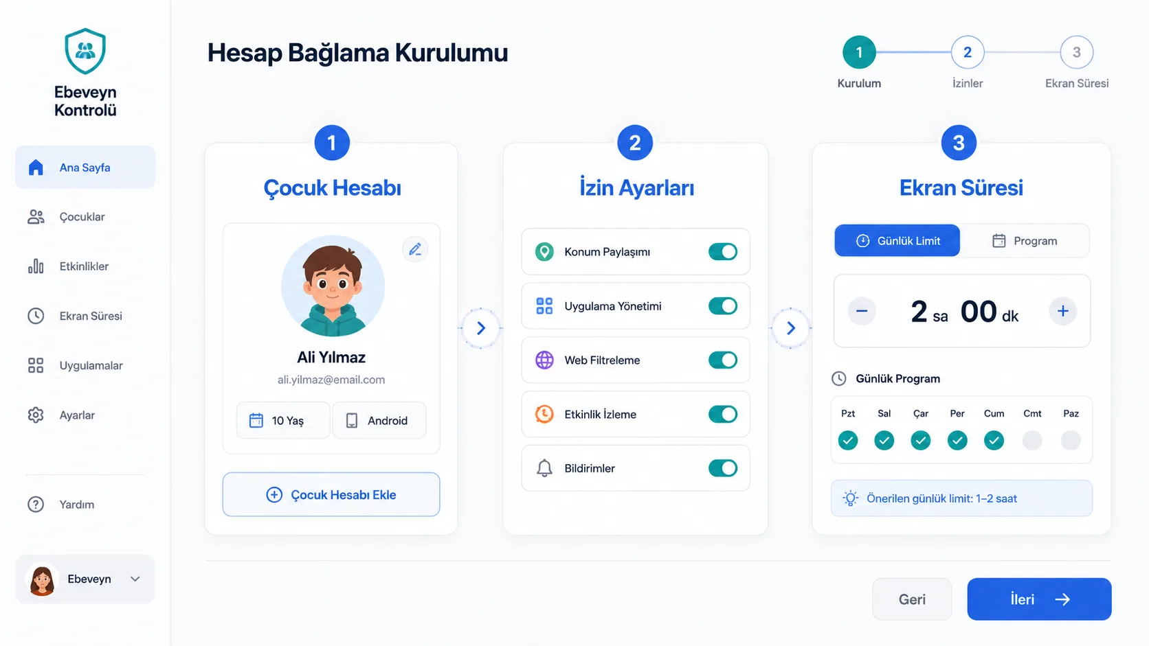 Android'de Family Link kurulum adımlarının arayüz görünümü