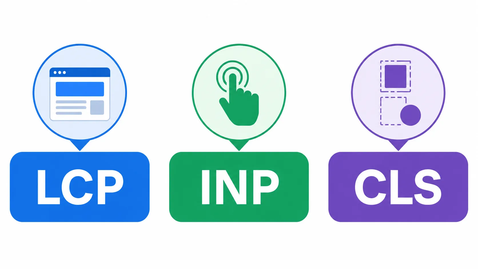 LCP, INP ve CLS metriklerini ve iyi kabul edilen eşik değerlerini gösteren şema