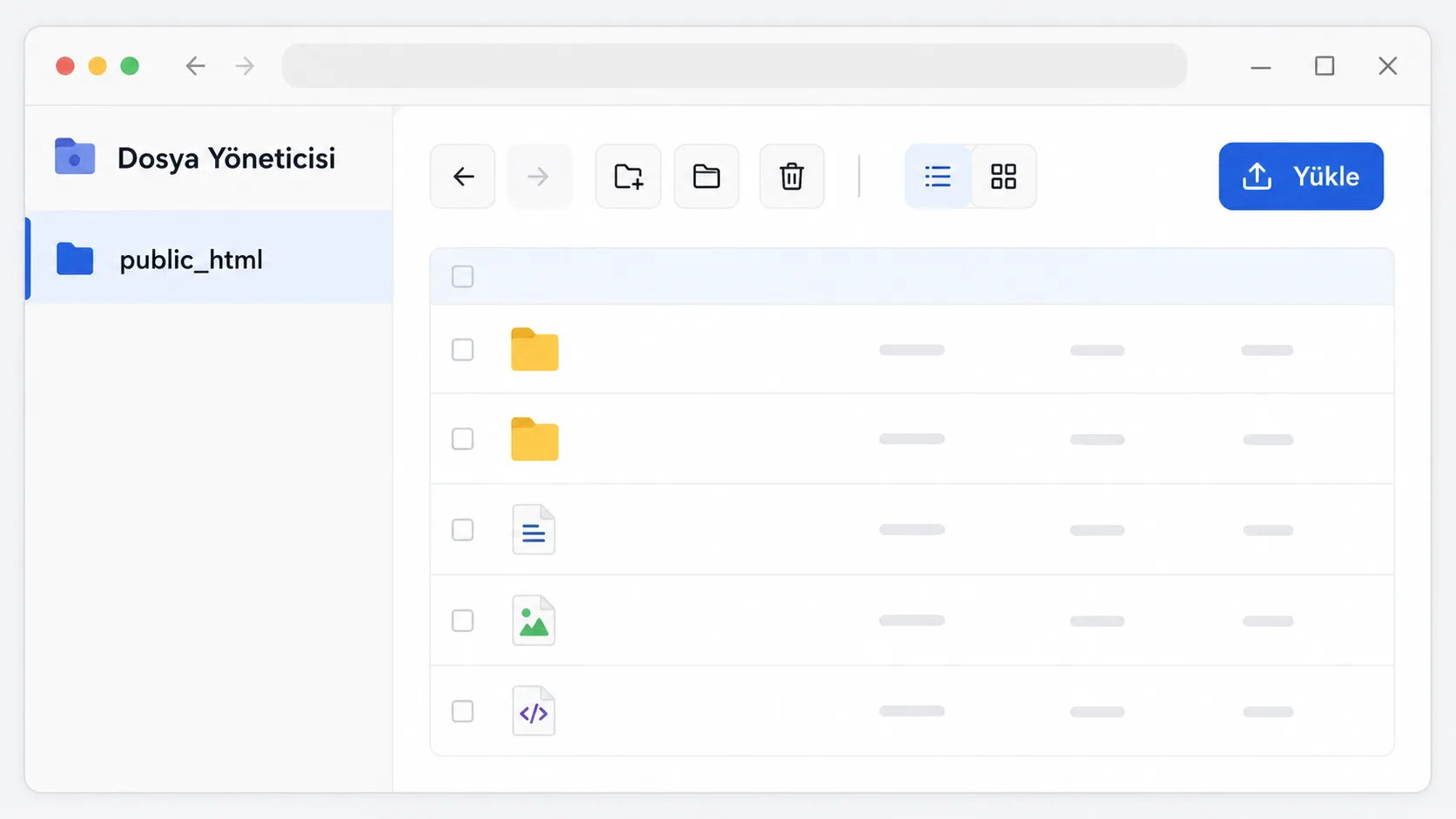 cPanel dosya yöneticisi arayüzünde klasör ve dosya listesi görünümü