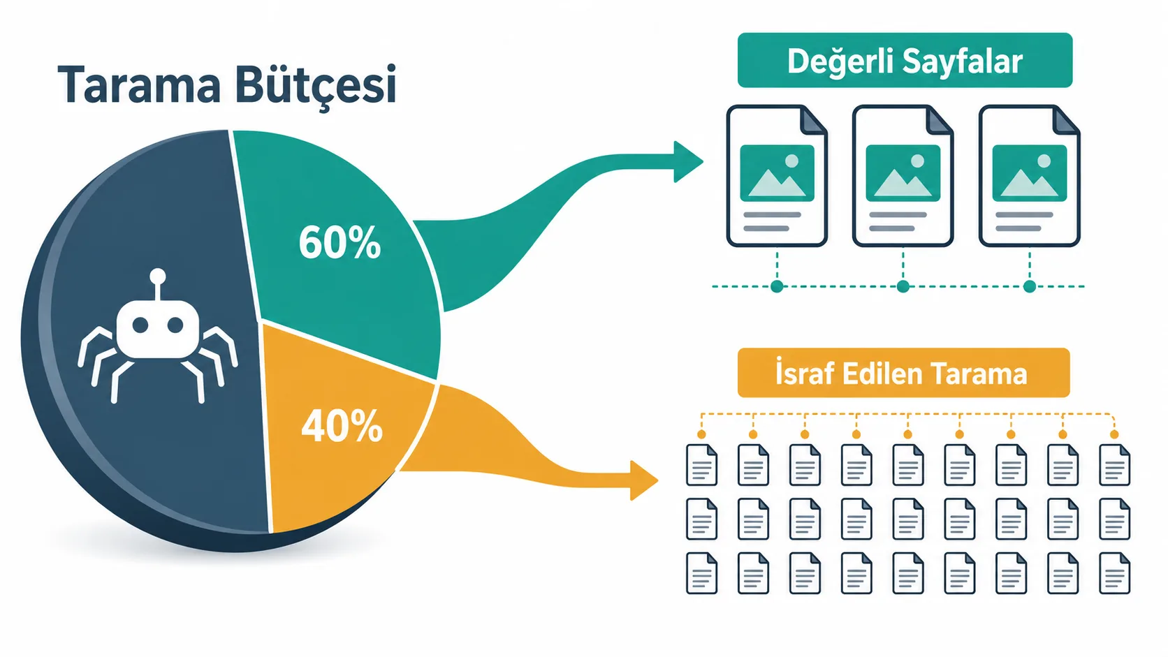Sitenin tarama bütçesinin sayfalar arasında nasıl dağıldığını gösteren şema