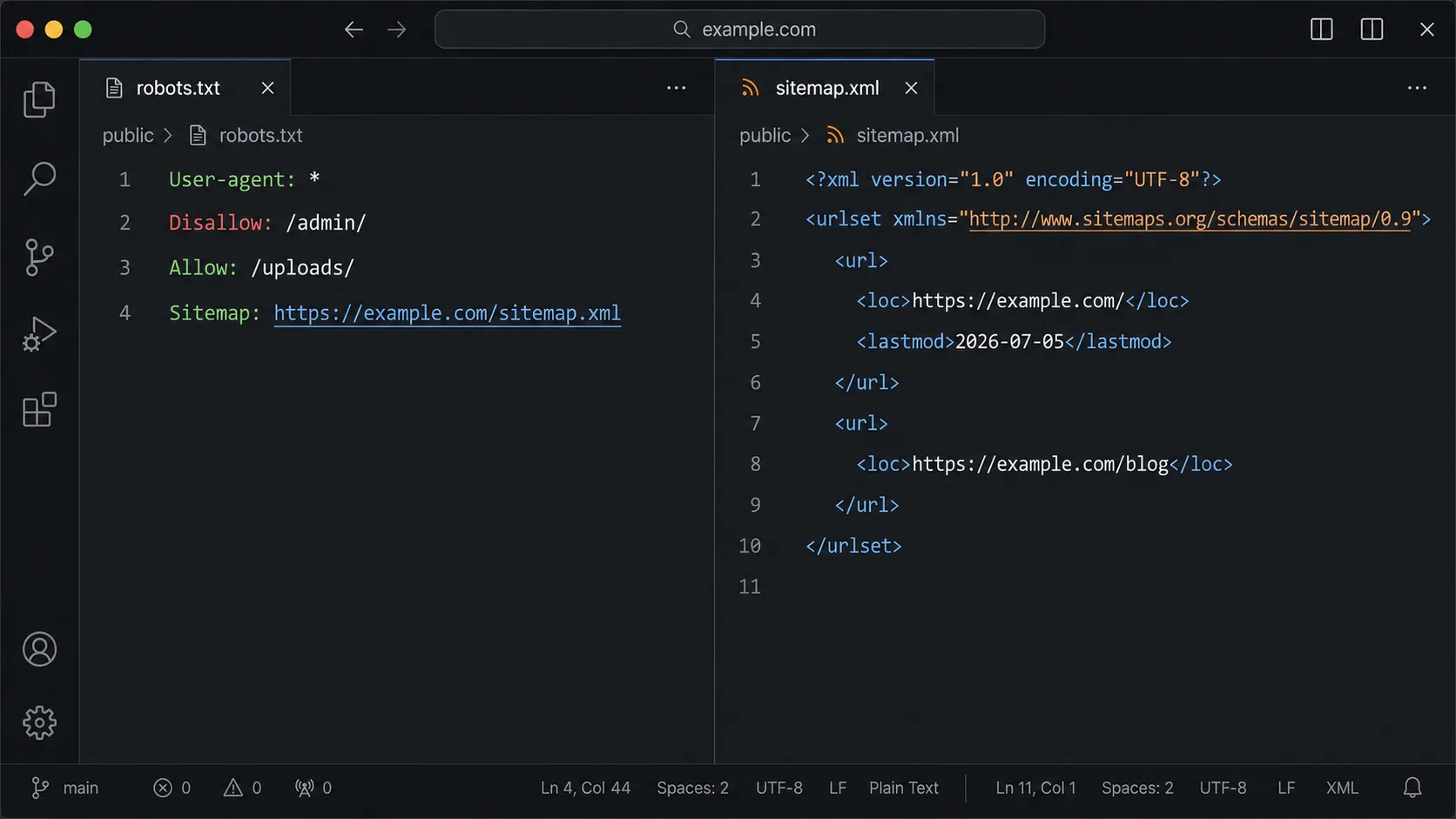 robots.txt ve XML sitemap yönlendirmesini gösteren kod ekranı