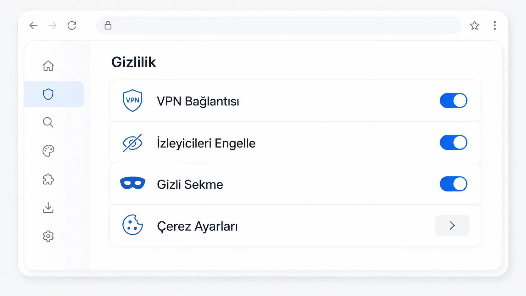 Güvenli tarama için VPN ve gizlilik ayarlarının açık olduğu bir tarayıcı ayar panelinin gösterimi