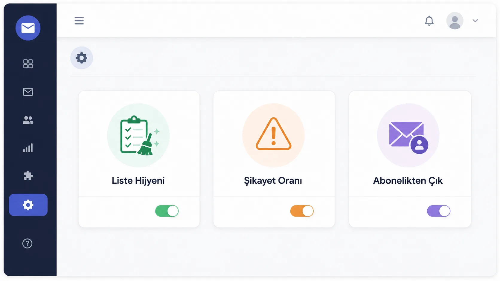 Genel bir e-posta pazarlama panelinde teslim edilebilirlik ve liste hijyeni ayarlarını gösteren stilize arayüz mock-up'ı