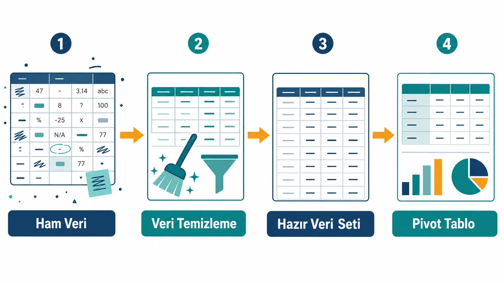 Ham verinin temiz tabloya ve pivot tabloya dönüştürülme adımlarını gösteren şema
