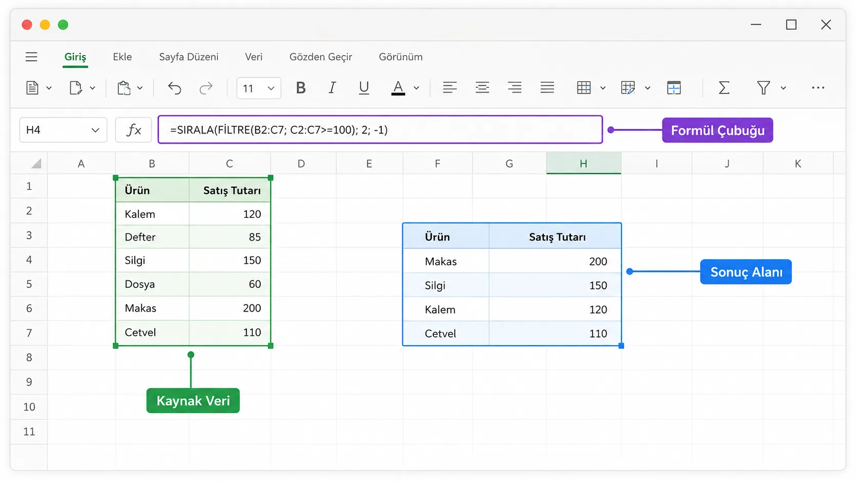 Dinamik dizi formülünün sonucunun bitişik hücrelere taştığı stilize Excel arayüzü mockup görüntüsü