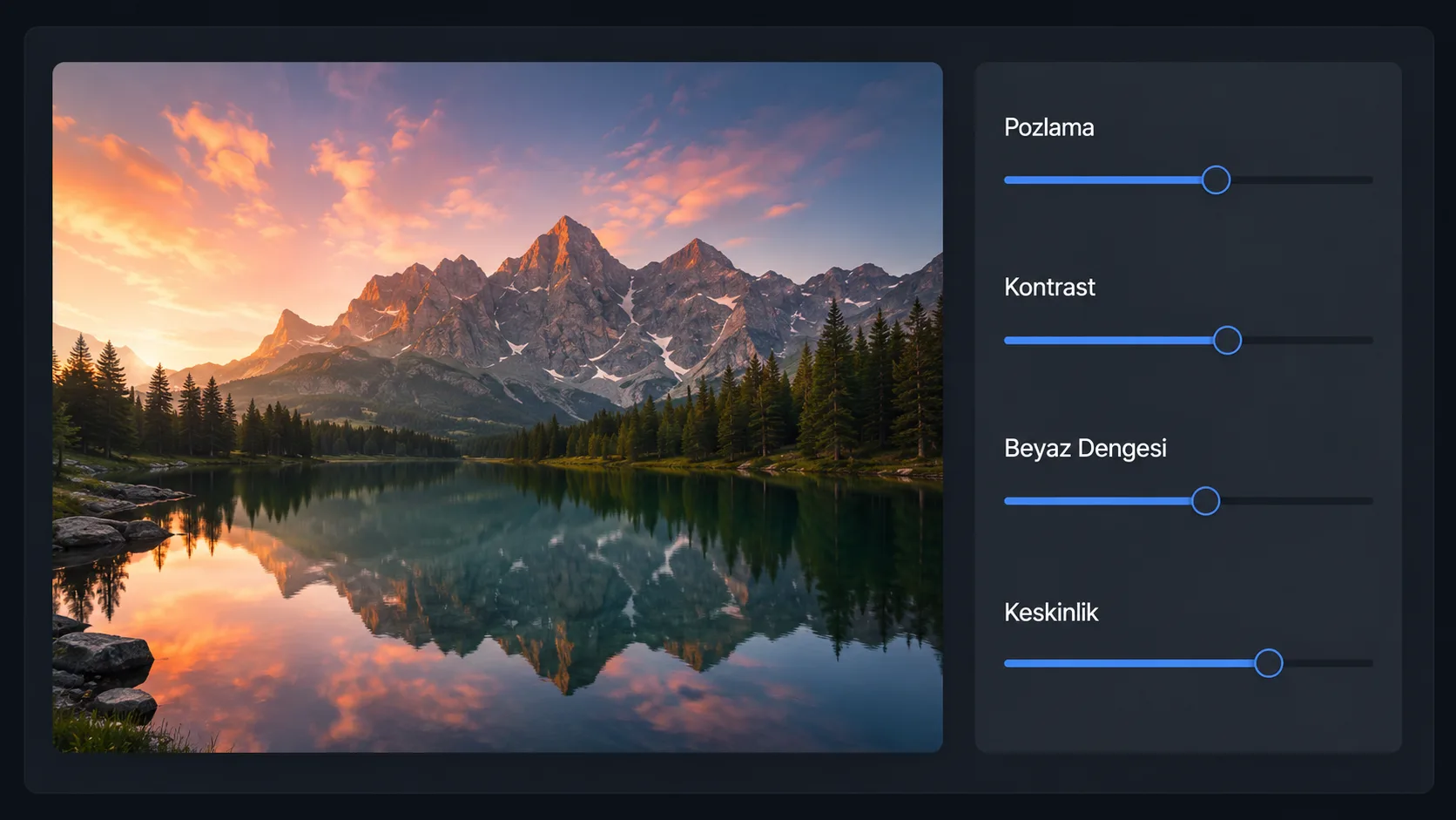 Fotoğraf düzenleme programında pozlama ve kontrast kaydırıcılarını gösteren stilize arayüz mockup'ı