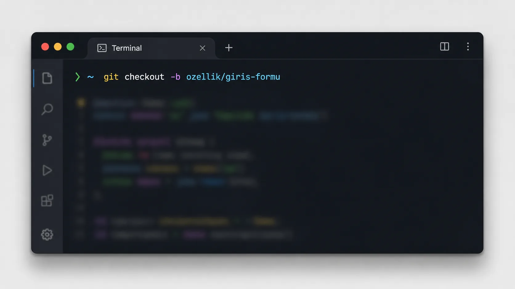 Terminalde git branch ve checkout komutlarının çalıştırıldığı kod penceresi görseli