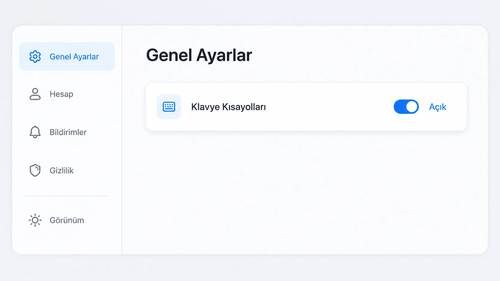 Gmail ayarlar ekranında klavye kısayollarını açma seçeneğinin gösterildiği sade arayüz taslağı