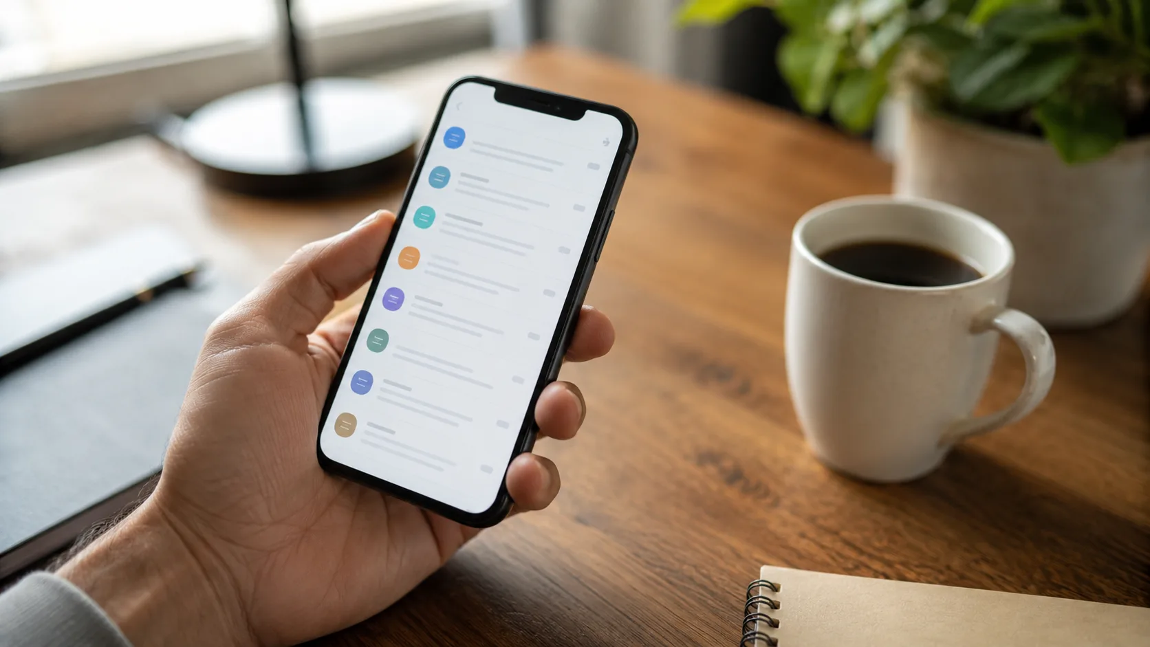 Elde tutulan bir telefonda e-posta uygulamasının açık olduğu, doğal ışıklı bir masa ortamı