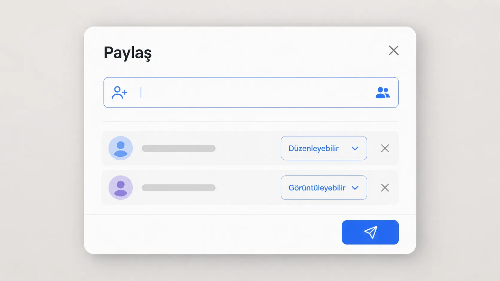 Google Docs paylaşım penceresinde izin seviyesi seçimi