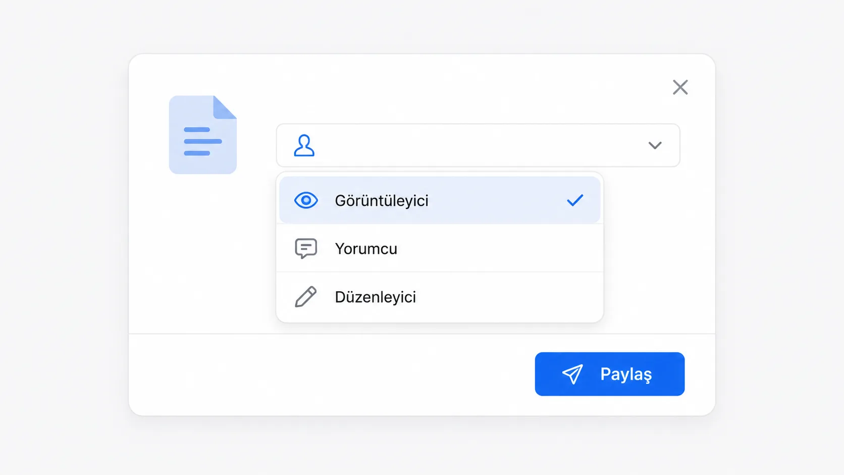Google Drive'da bir dosya paylaşılırken görüntüleme, yorum yapma ve düzenleme izin seviyelerini gösteren stilize paylaşım penceresi