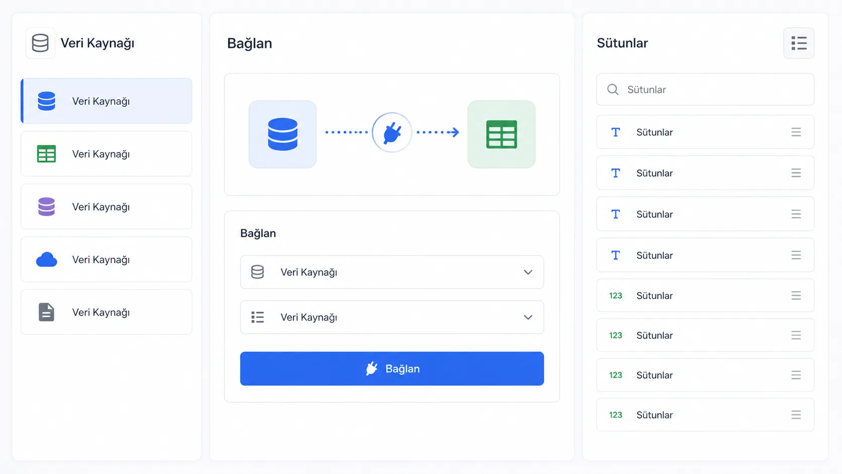 Looker Studio'da veri kaynağı bağlama ekranını gösteren sade panel mock-up'ı
