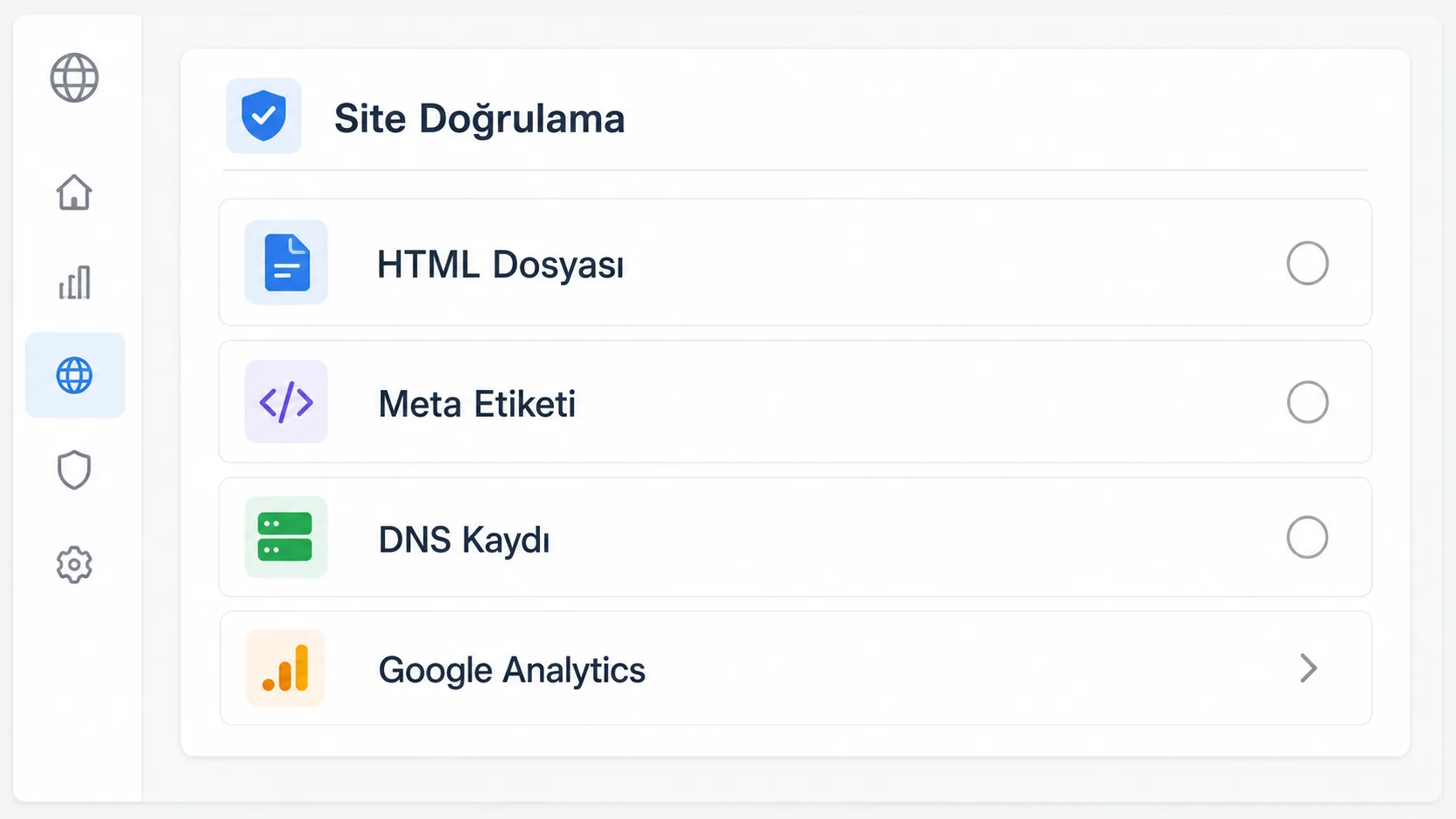Search Console site doğrulama ekranında beş farklı doğrulama yönteminin listelendiği panel görünümü