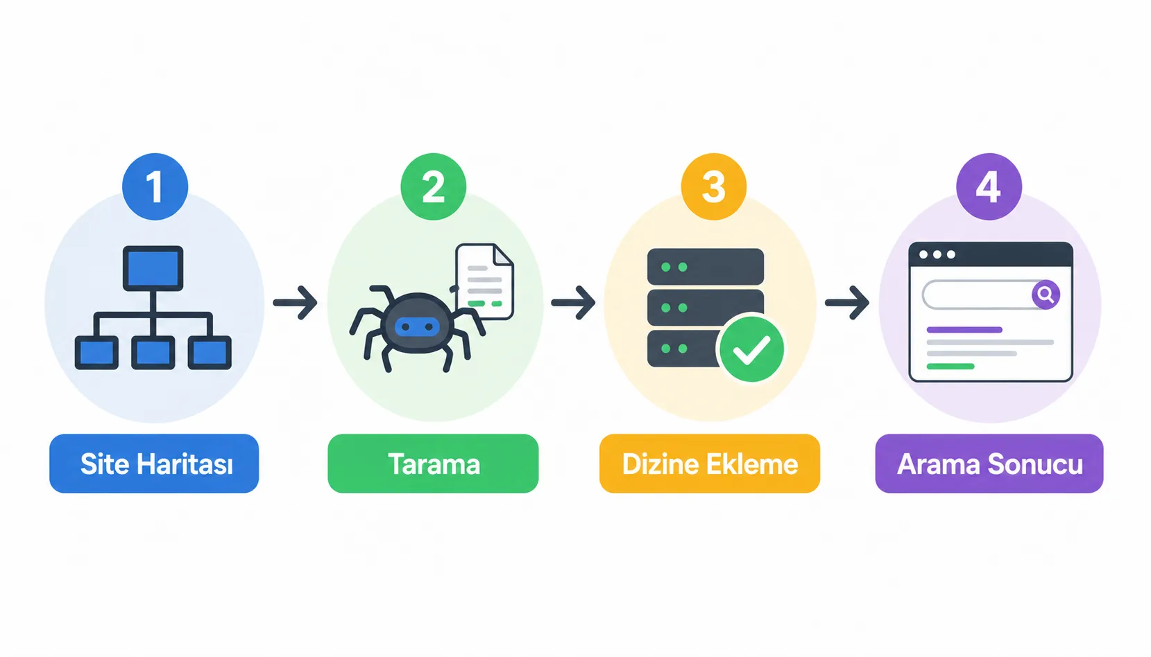 Site haritası gönderiminden Google dizinine kadar olan süreci gösteren akış şeması