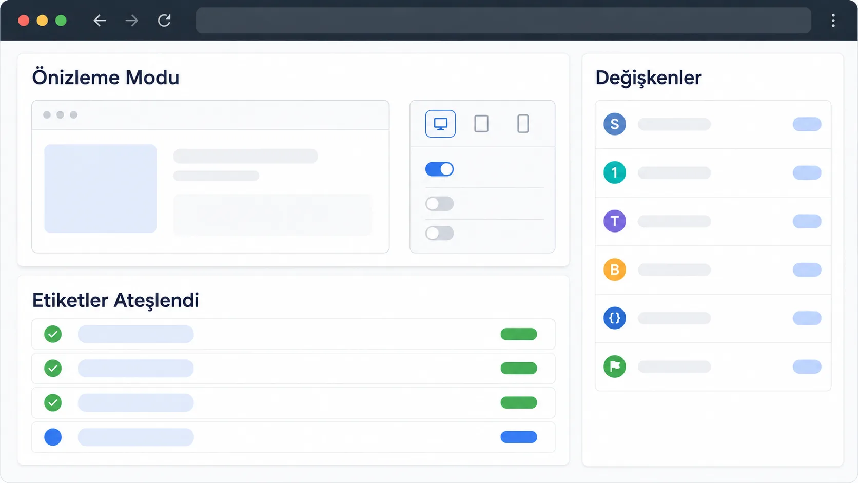 GTM önizleme modu panelinin etiket ve tetikleyici durumunu gösteren stilize arayüz mockup'ı