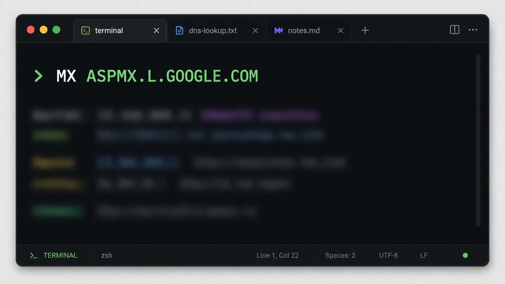 Alan adı sağlayıcısı DNS panelinde Google Workspace için eklenmiş TXT ve MX kayıtlarını gösteren kod penceresi