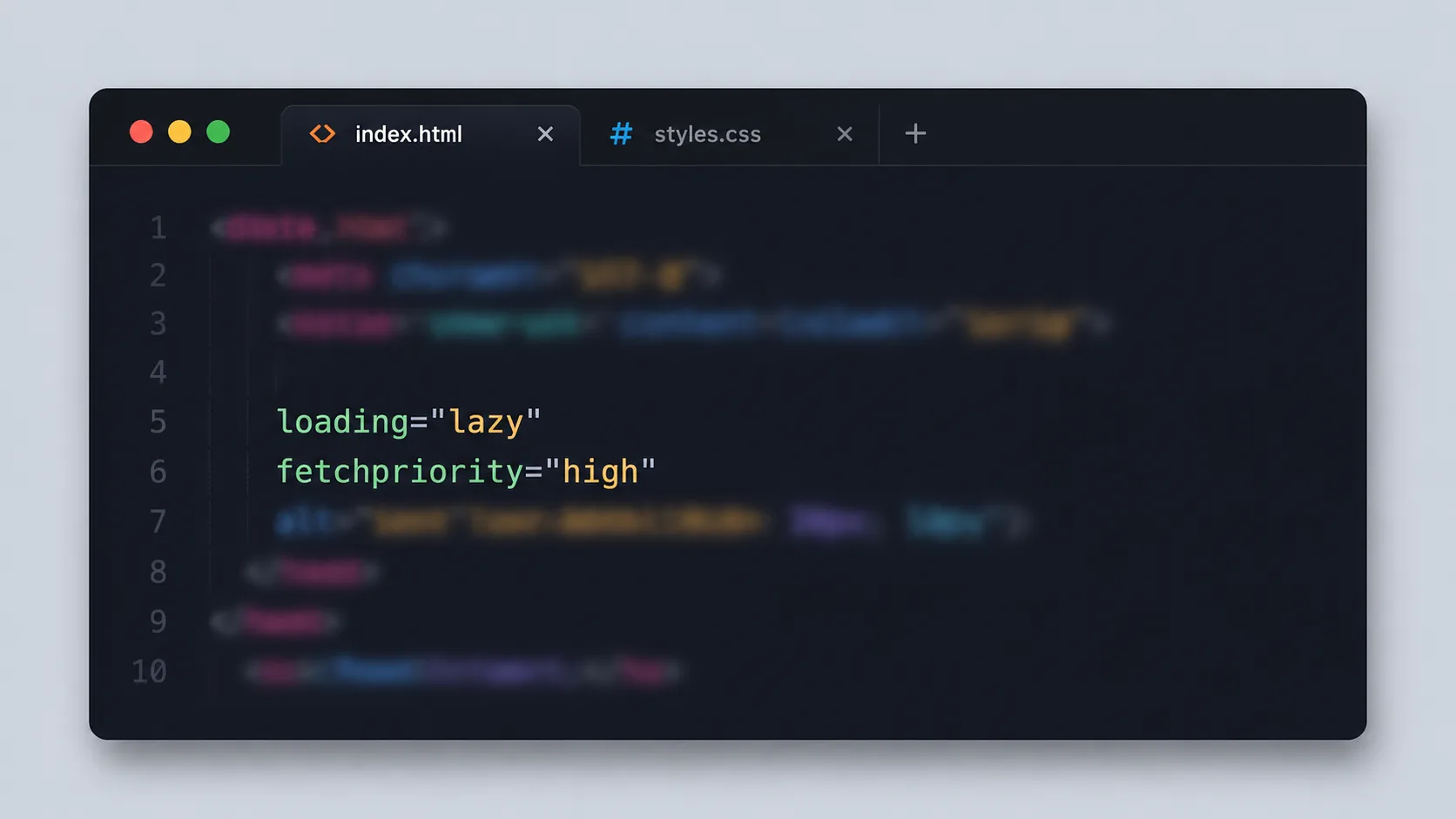 Koyu temalı kod editörü penceresinde HTML img etiketi ve loading lazy fetchpriority niteliklerini gösteren örnek