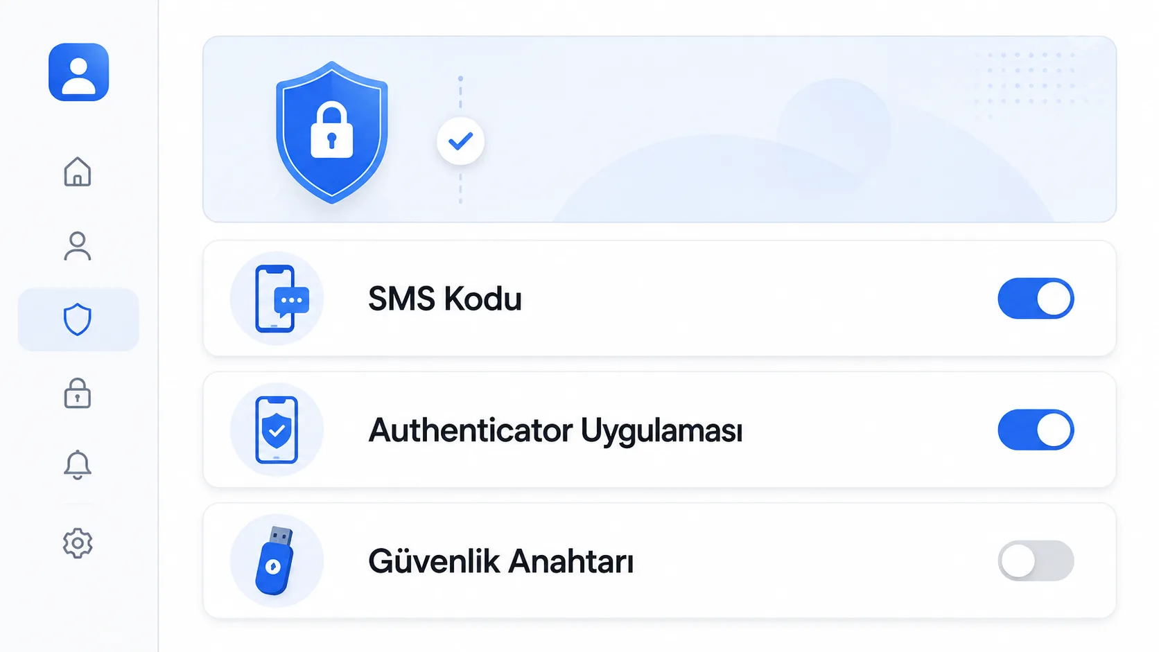 İki faktörlü doğrulama uygulamasında SMS, authenticator uygulaması ve güvenlik anahtarı seçeneklerini gösteren arayüz