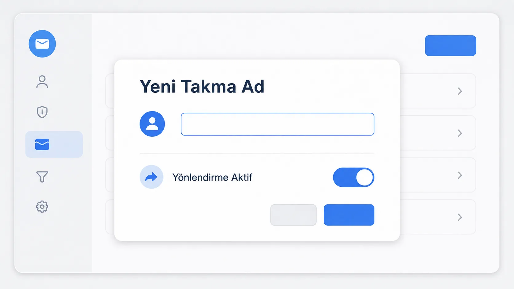Takma e-posta adresi oluşturma ayarını gösteren sade arayüz mock-up görseli