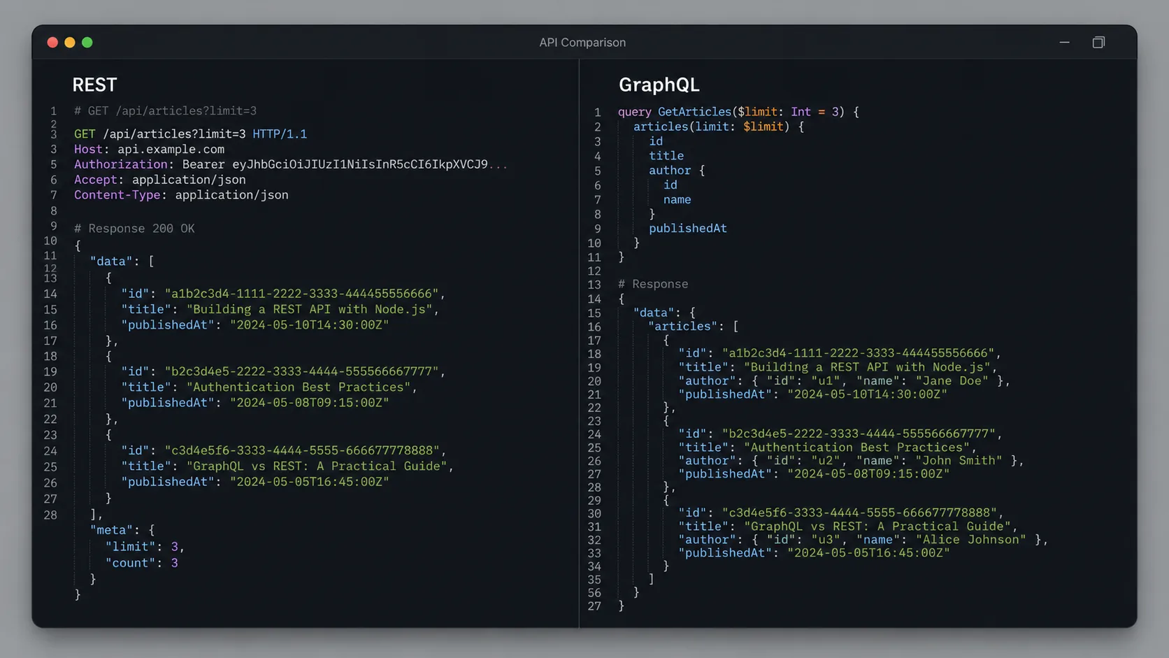 REST ve GraphQL sorgularının yan yana karşılaştırıldığı kod ekranı
